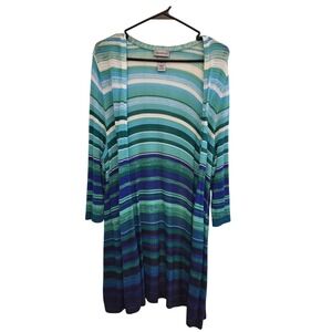 Catherines Cardigan Women 1X Blue Green Striped Pointelle Knit Open Front Duster